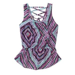NWOT Peplum top Jrs Medium purple aqua tribal pattern zig zag semi sheer summer